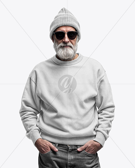 An Elderly Man with Sunglasses Wearing a Sweatshirt and Beanie Hat Mockup