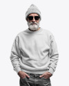An Elderly Man with Sunglasses Wearing a Sweatshirt and Beanie Hat Mockup
