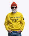 An Elderly Man with Sunglasses Wearing a Sweatshirt and Beanie Hat Mockup