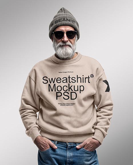 An Elderly Man with Sunglasses Wearing a Sweatshirt and Beanie Hat Mockup