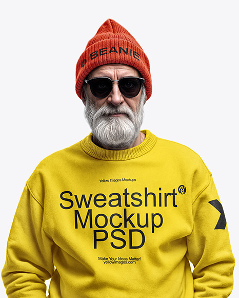 An Elderly Man with Sunglasses Wearing a Sweatshirt and Beanie Hat Mockup