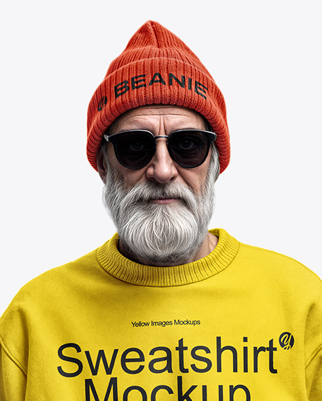 An Elderly Man with Sunglasses Wearing a Sweatshirt and Beanie Hat Mockup