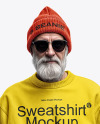 An Elderly Man with Sunglasses Wearing a Sweatshirt and Beanie Hat Mockup