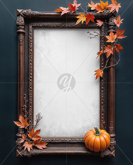 Picture in a Antique Frame Decorated with Leaves and Pumpkin Mockup
