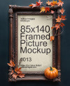 Picture in a Antique Frame Decorated with Leaves and Pumpkin Mockup