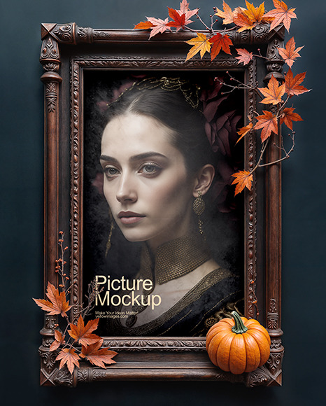 Picture in a Antique Frame Decorated with Leaves and Pumpkin Mockup