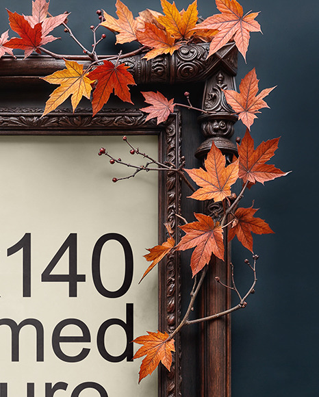 Picture in a Antique Frame Decorated with Leaves and Pumpkin Mockup