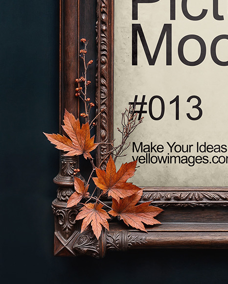 Picture in a Antique Frame Decorated with Leaves and Pumpkin Mockup