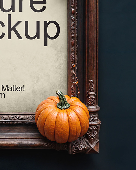 Picture in a Antique Frame Decorated with Leaves and Pumpkin Mockup