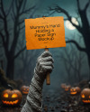 Mummy's Hand Holding a Paper Sign Mockup