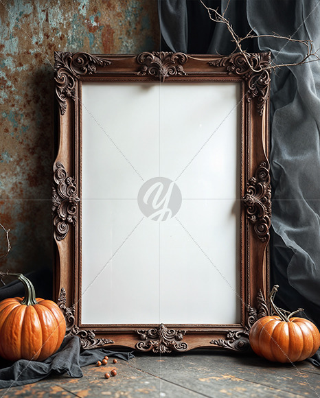 Picture in a Halloween Themed Antique Frame with Pumpkins Mockup