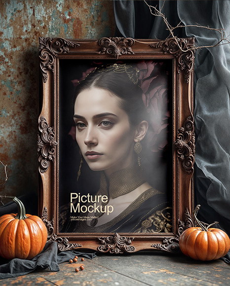 Picture in a Halloween Themed Antique Frame with Pumpkins Mockup