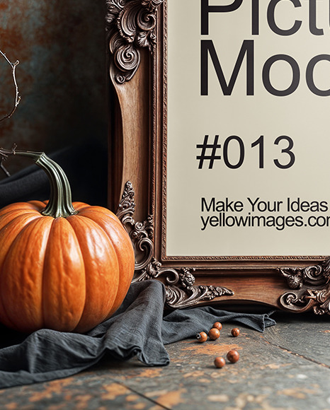 Picture in a Halloween Themed Antique Frame with Pumpkins Mockup