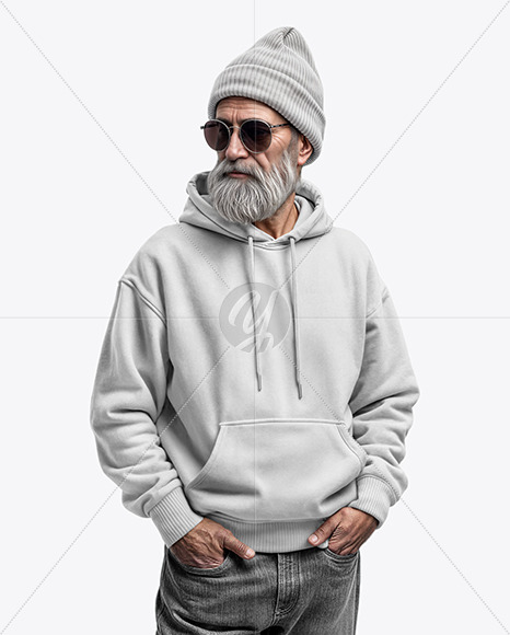 Bearded Elderly Man with Sunglasses Wearing Hoodie and Beanie Hat Mockup
