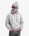 Bearded Elderly Man with Sunglasses Wearing Hoodie and Beanie Hat Mockup