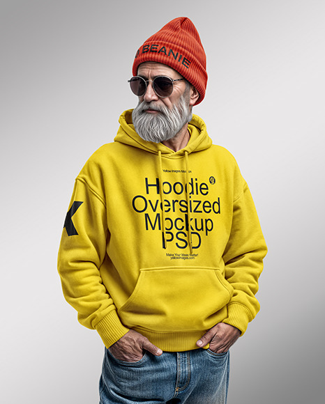 Bearded Elderly Man with Sunglasses Wearing Hoodie and Beanie Hat Mockup