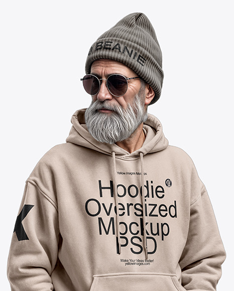 Bearded Elderly Man with Sunglasses Wearing Hoodie and Beanie Hat Mockup