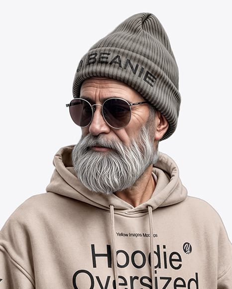 Bearded Elderly Man with Sunglasses Wearing Hoodie and Beanie Hat Mockup