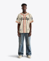 A Black Man Wearing a Baseball Jersey and Wide Jeans Mockup