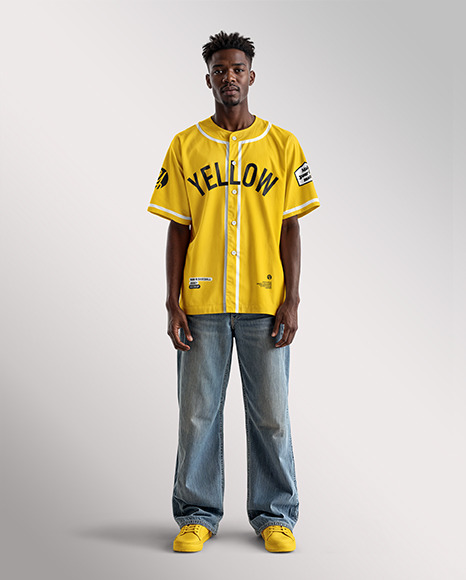 A Black Man Wearing a Baseball Jersey and Wide Jeans Mockup