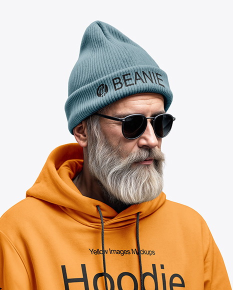 An Old Man with Sunglasses Wearing a Hoodie and Beanie Hat Mockup