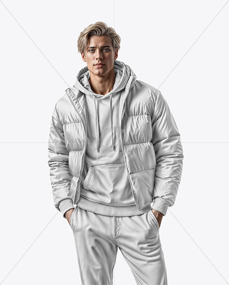 A Man Wearing a Puffer Jacket and a Hoodie Mockup