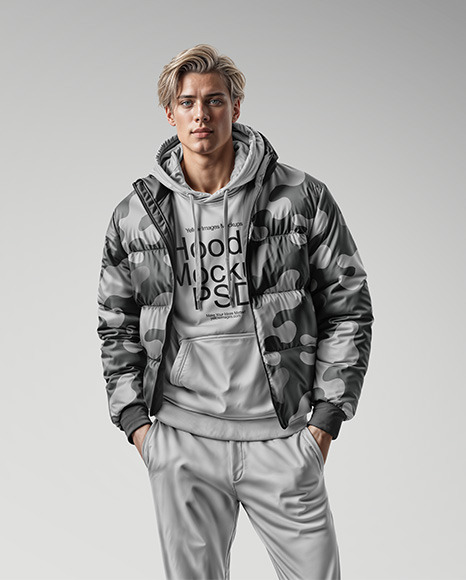 A Man Wearing a Puffer Jacket and a Hoodie Mockup