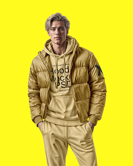A Man Wearing a Puffer Jacket and a Hoodie Mockup