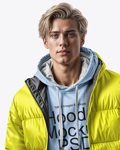 A Man Wearing a Puffer Jacket and a Hoodie Mockup