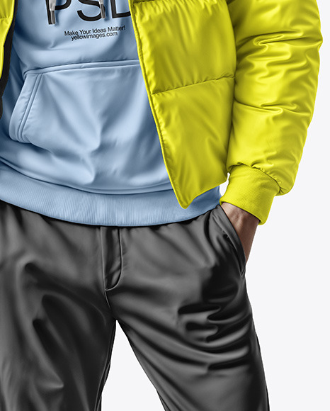 A Man Wearing a Puffer Jacket and a Hoodie Mockup