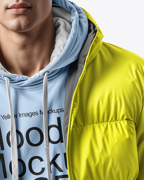 A Man Wearing a Puffer Jacket and a Hoodie Mockup