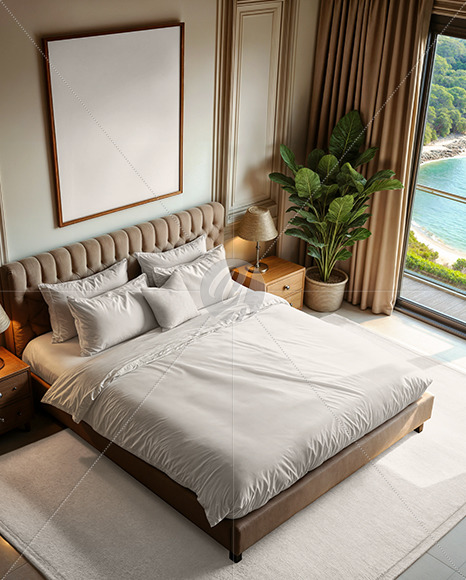 King Size Bed with Bedding Set and Poster Mockup