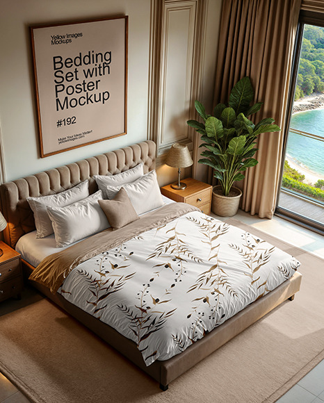 King Size Bed with Bedding Set and Poster Mockup - Poster Wall mockup