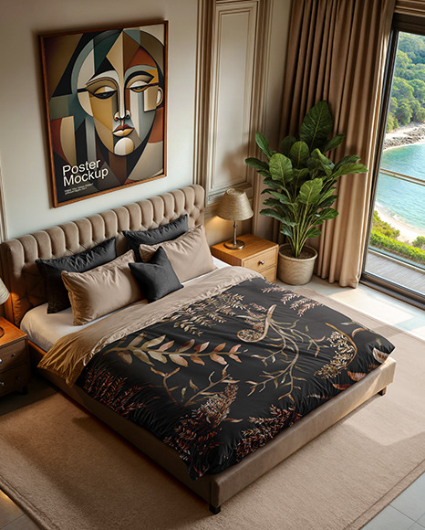 King Size Bed with Bedding Set and Poster Mockup