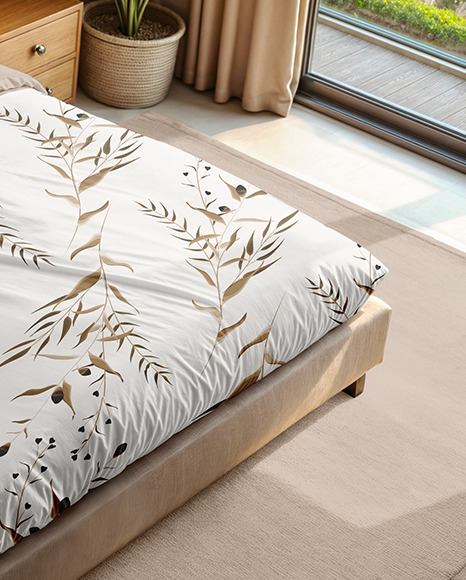 King Size Bed with Bedding Set and Poster Mockup