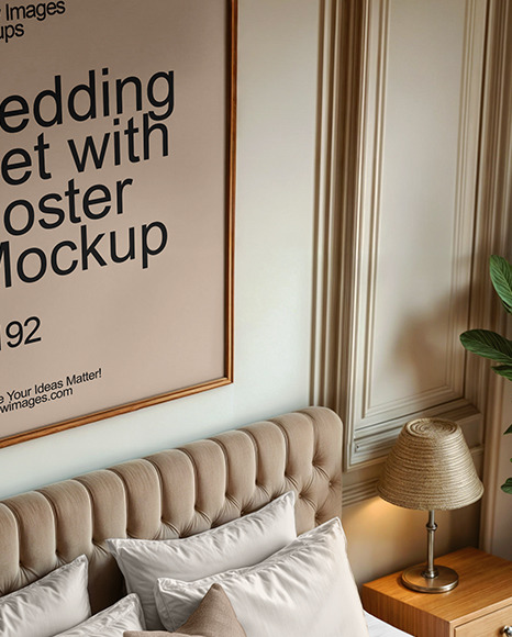 King Size Bed with Bedding Set and Poster Mockup