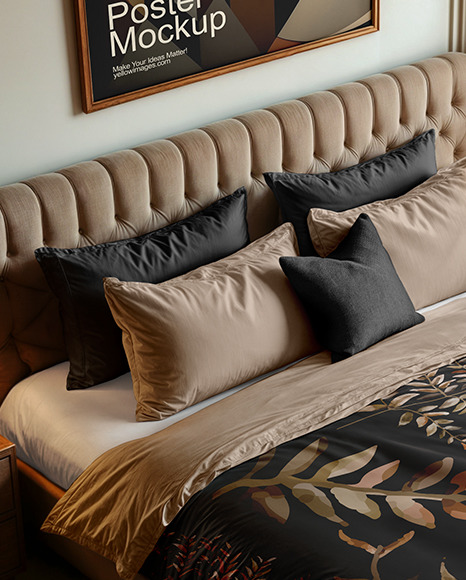 King Size Bed with Bedding Set and Poster Mockup