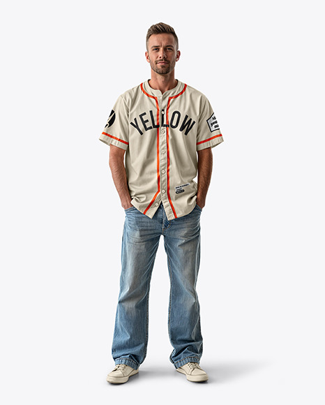 A Man Wearing a Baseball Jersey and Jeans Mockup - Brazil Mockups