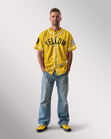 A Man Wearing a Baseball Jersey and Jeans Mockup