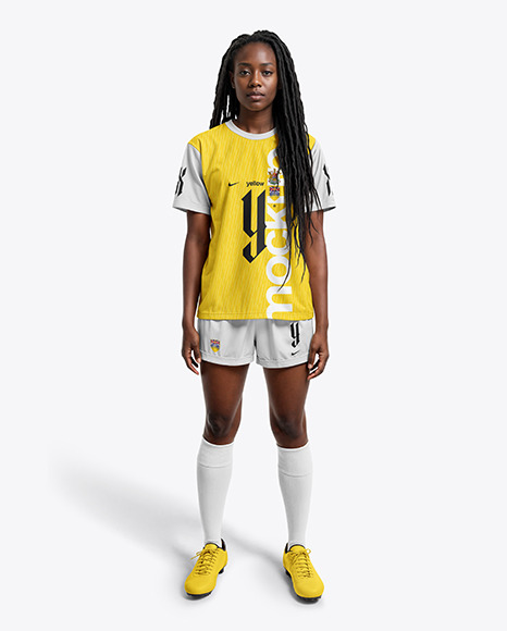 A Black Woman with Dreadlocks Wearing a Full Soccer Kit Mockup - Kit mockup psd