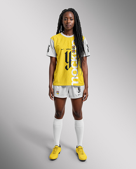 A Black Woman with Dreadlocks Wearing a Full Soccer Kit Mockup