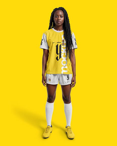 A Black Woman with Dreadlocks Wearing a Full Soccer Kit Mockup