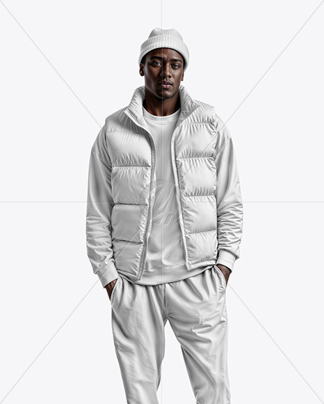 A Man Wearing a Puffer Vest with a Sweatshirt and Beanie Hat Mockup