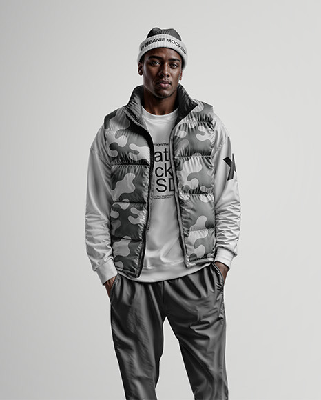 A Man Wearing a Puffer Vest with a Sweatshirt and Beanie Hat Mockup