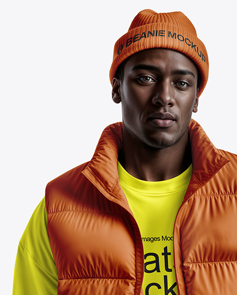 A Man Wearing a Puffer Vest with a Sweatshirt and Beanie Hat Mockup