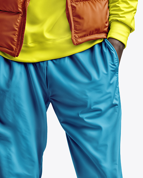 A Man Wearing a Puffer Vest with a Sweatshirt and Beanie Hat Mockup