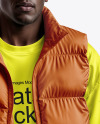 A Man Wearing a Puffer Vest with a Sweatshirt and Beanie Hat Mockup