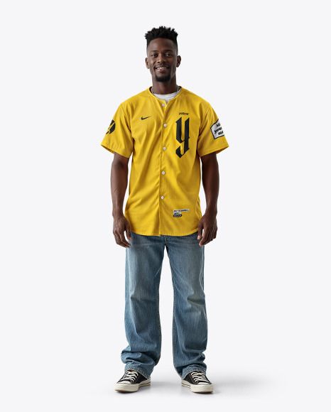 An Afro-American Man Wearing a Baseball Jersey and Jeans Mockup - De+symbol+on+|+Clothing+mockup,+Shirt+mockup,+Baseball+...