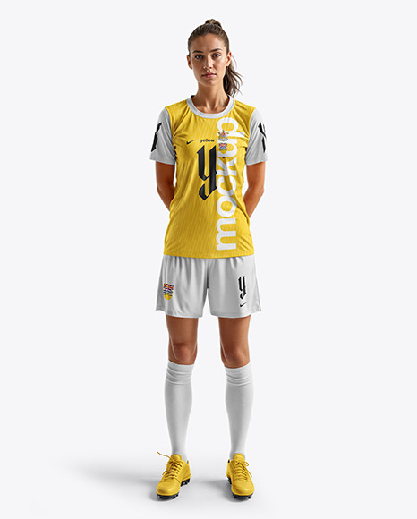 A Young Woman Wearing a Full Soccer Kit Mockup - Free+Ultimate+Woman+Polo+Tshirt+Mockups+