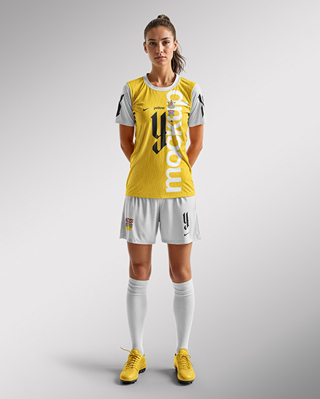 A Young Woman Wearing a Full Soccer Kit Mockup